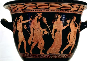 Procissão dionisíaca, detalhe de um sino-krater ático de figuras vermelhas, século V aC